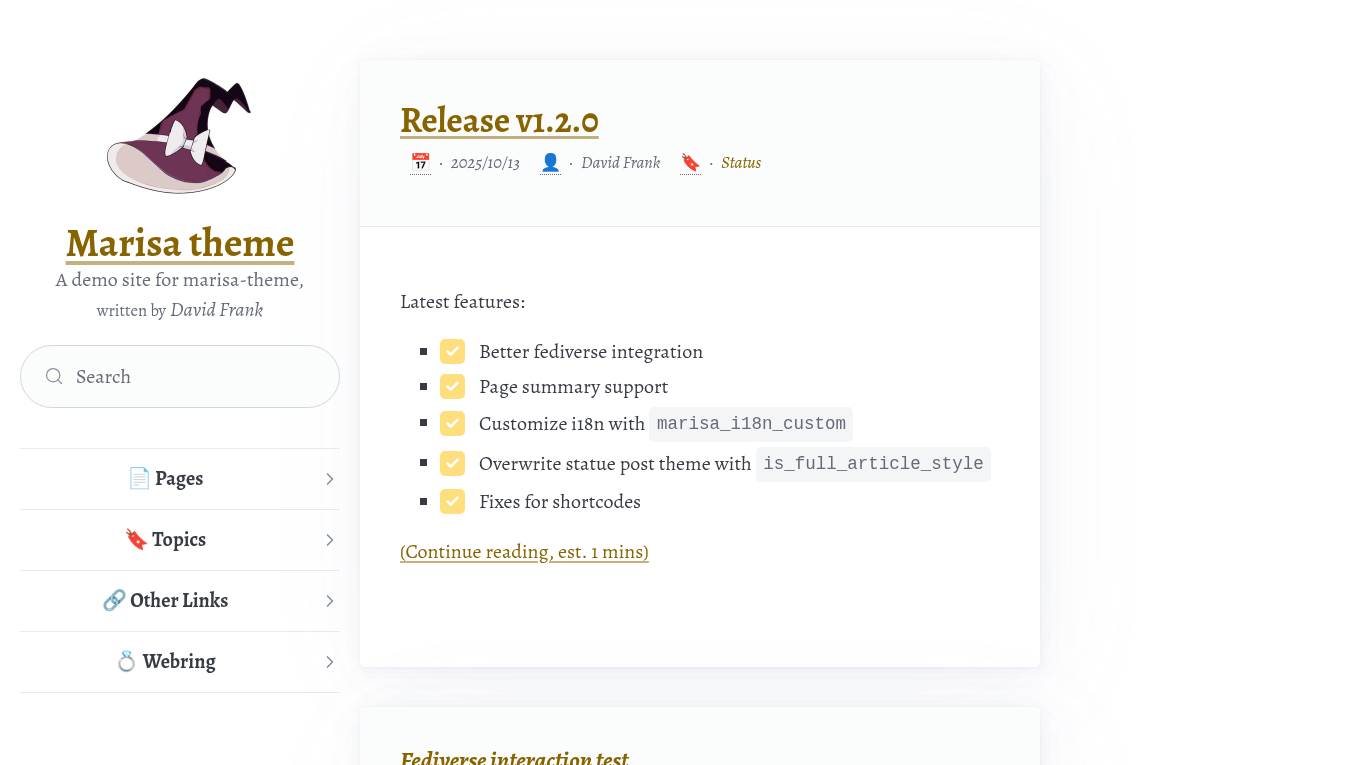 Light mode screenshot of marisa-theme Zola theme demo website