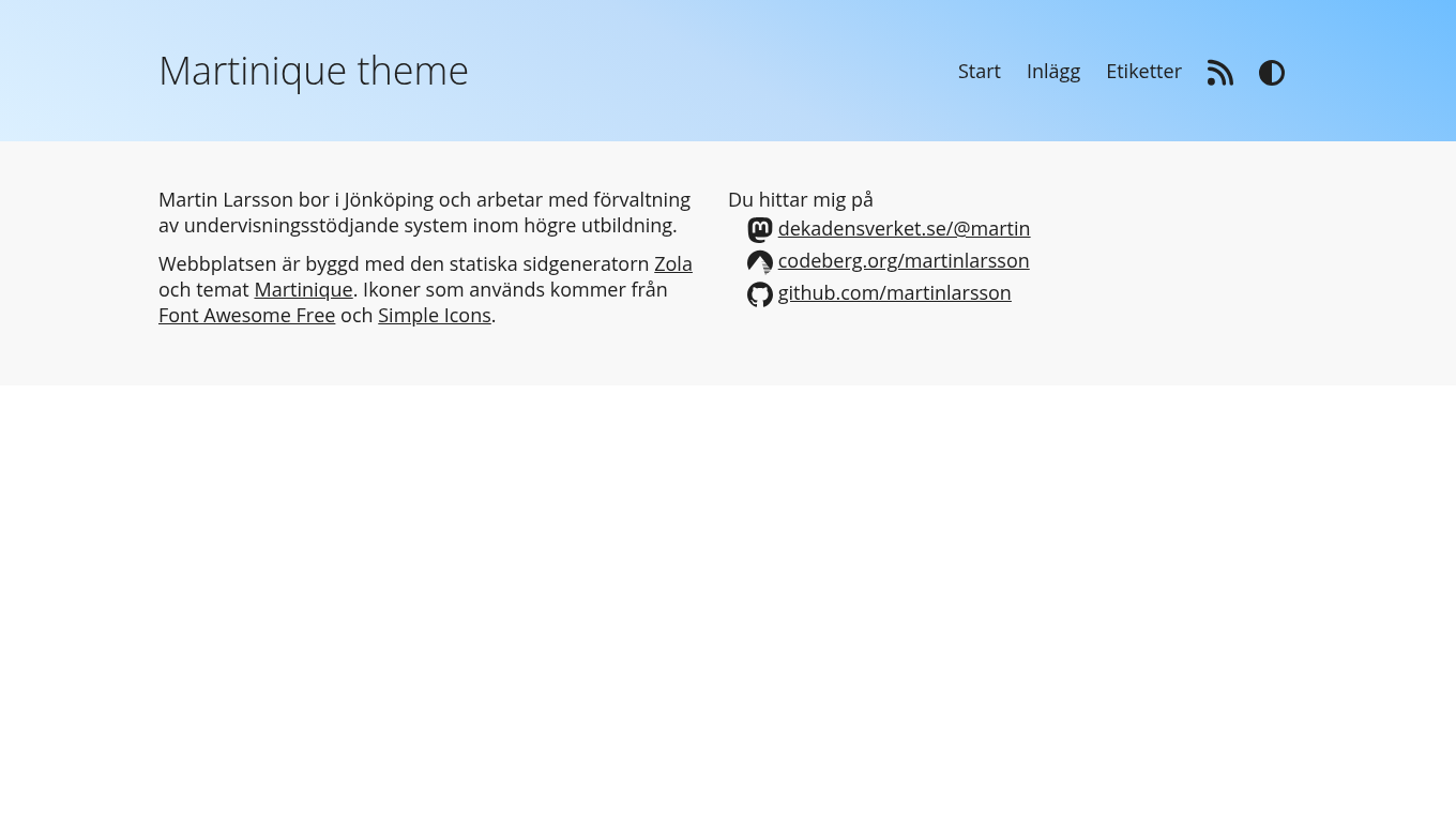 Light mode screenshot of Martinique Zola theme demo website