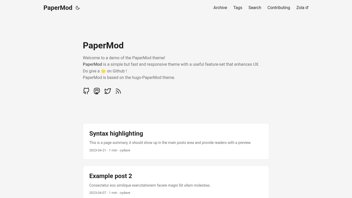 Light mode screenshot of PaperMod Zola theme demo website