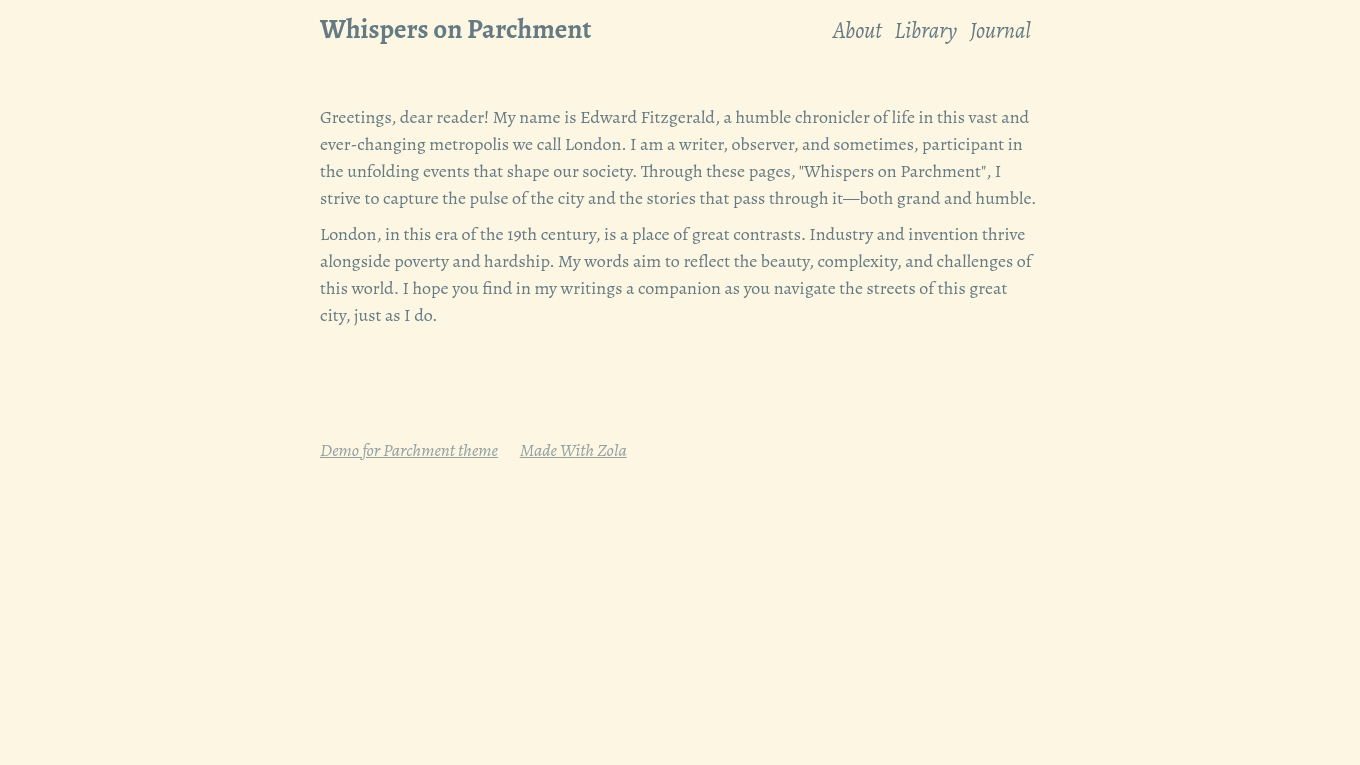 Light mode screenshot of parchment Zola theme demo website