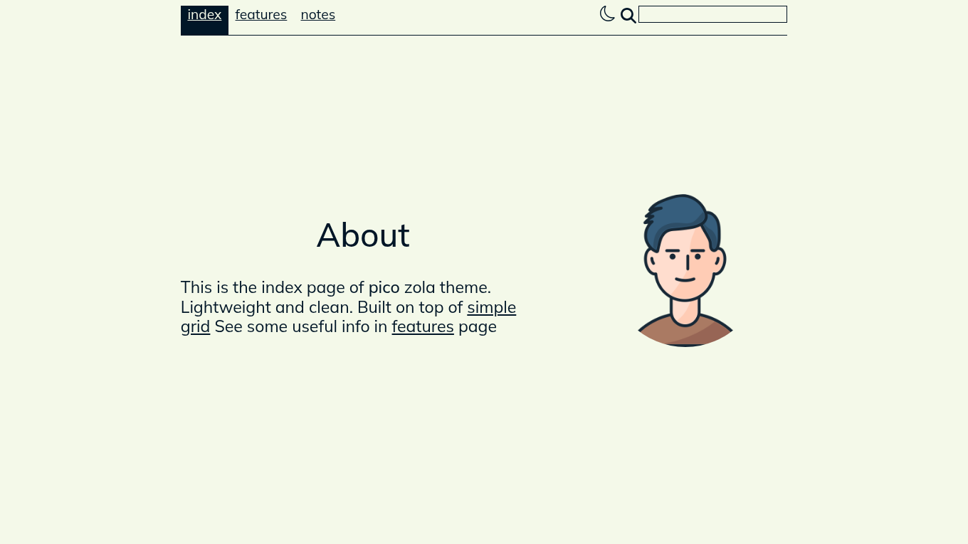 Light mode screenshot of pico Zola theme demo website