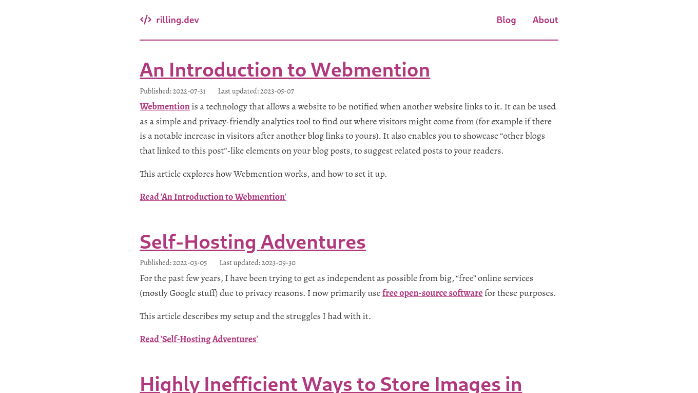 Light mode screenshot of rilling_dev Zola theme demo website