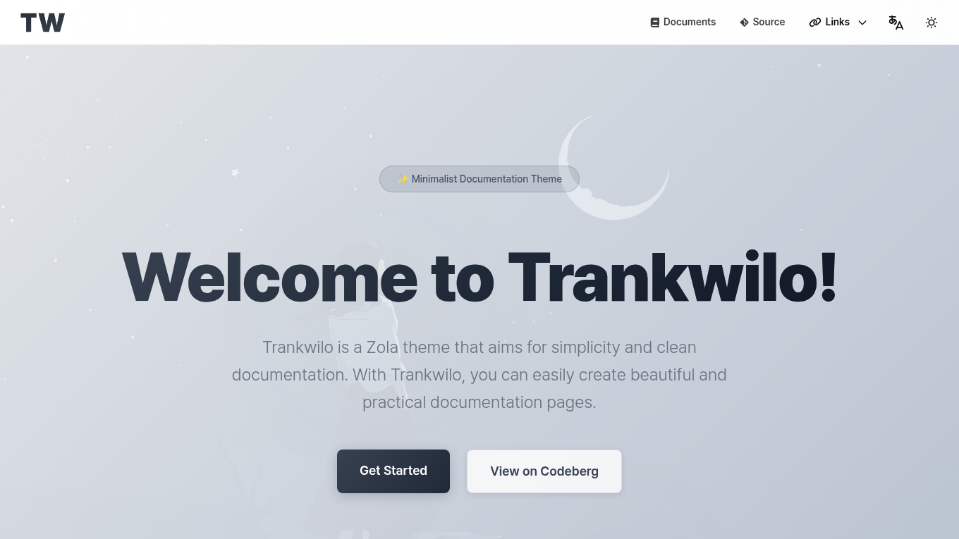 Light mode screenshot of Trankwilo Zola theme demo website