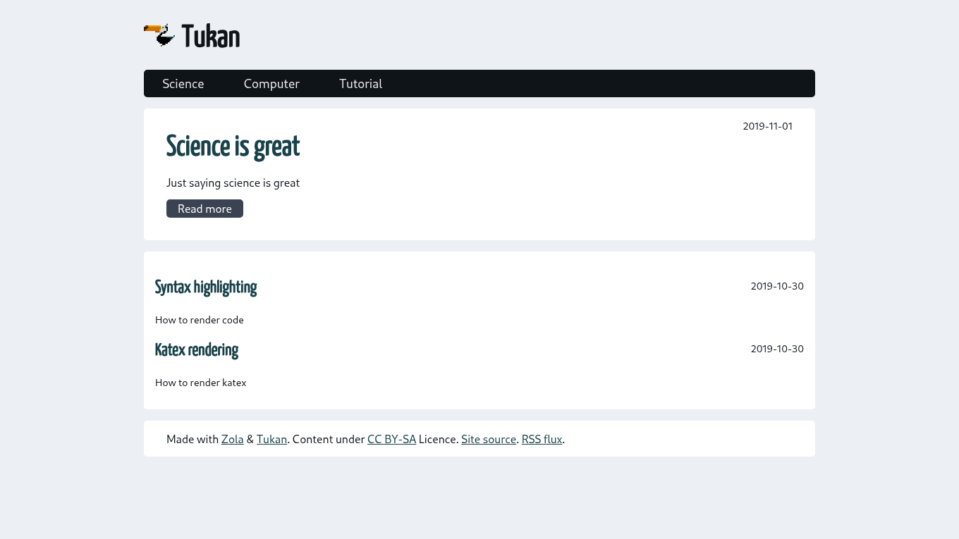 Light mode screenshot of Tukan Zola theme demo website