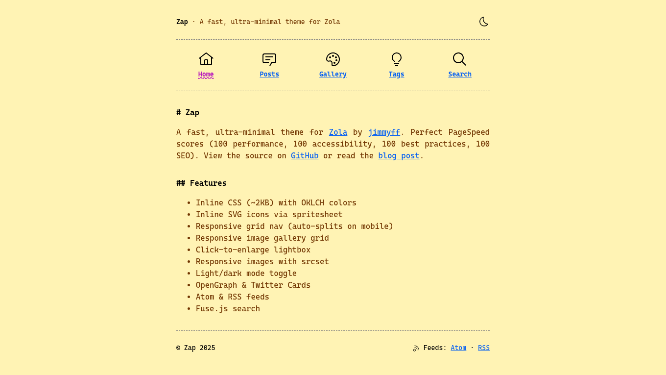 Light mode screenshot of Zap Zola theme demo website
