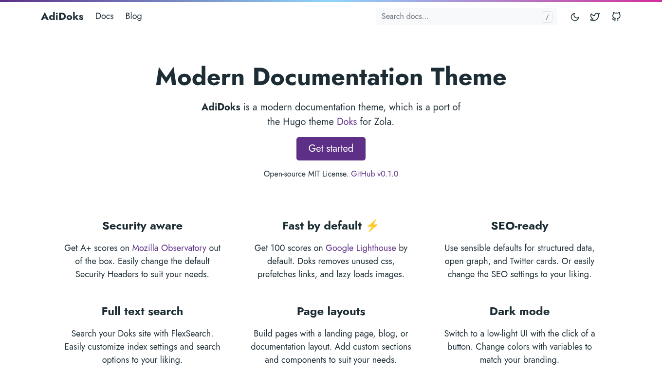 Light mode screenshot of adidoks Zola theme demo website