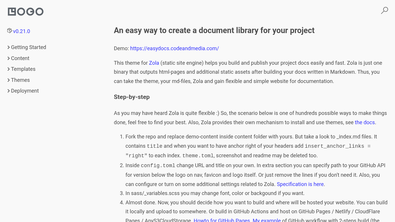 Light mode screenshot of EasyDocs Zola theme demo website